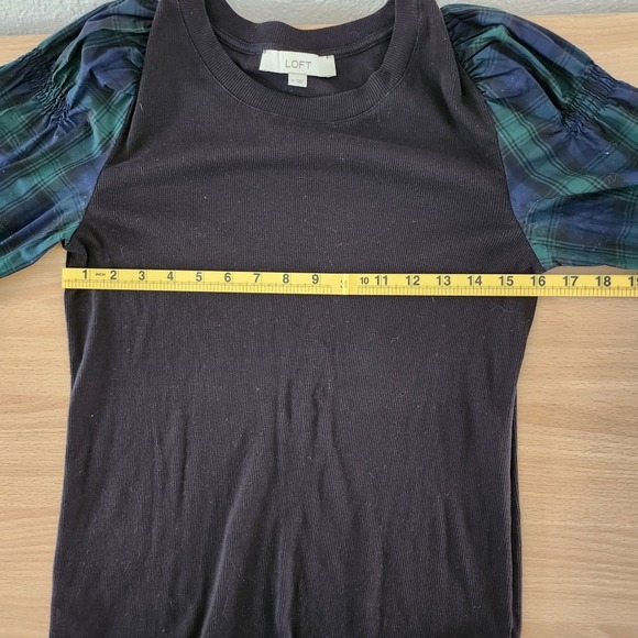 LOFT Black Ribbed Knit Top with Green Tartan Plaid Long Sleeves  Medium - Picture 1 of 7